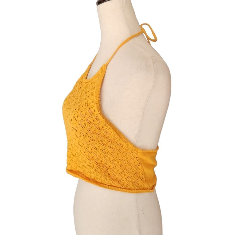 Glamorous Mustard Yellow Knot crochet Festival Halter Crop Top Medium - Picture 3 of 8